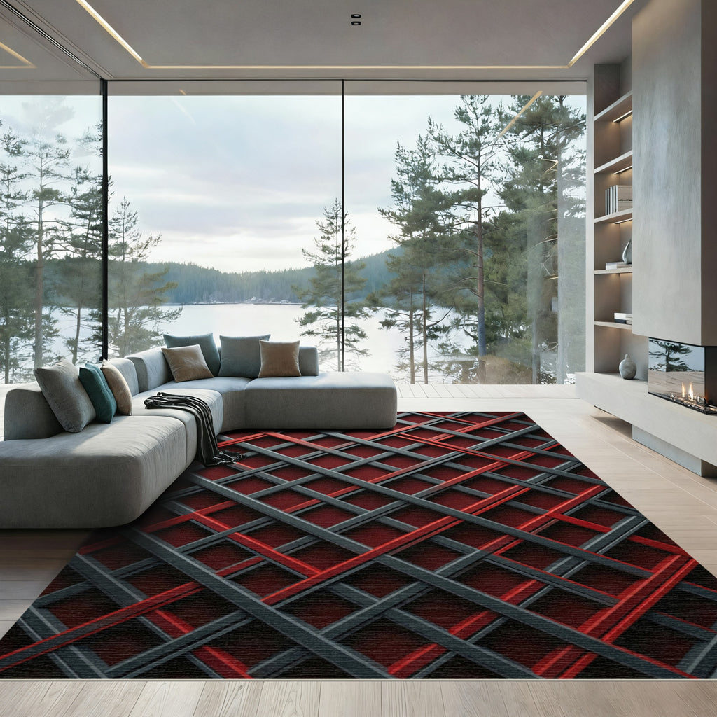 Crimson Gray Interlocking Lattice Rug