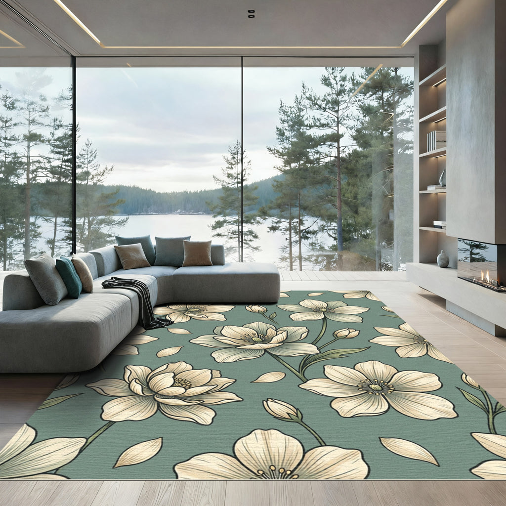 Soft Sage Botanical Petal Tapestry Rug