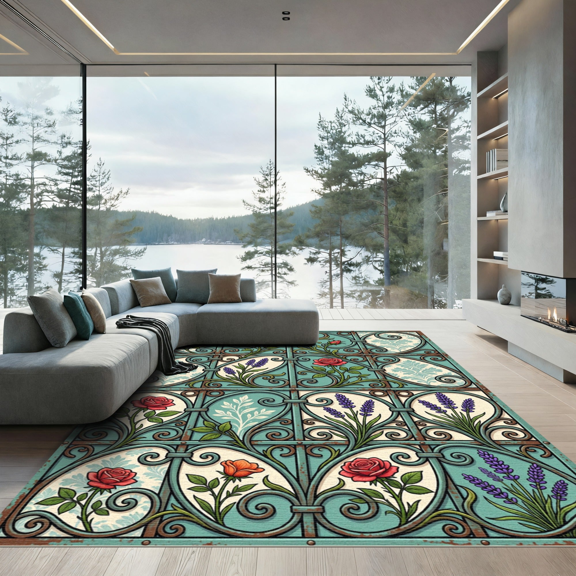 Vintage Teal Wrought Iron Floral Garden Rug