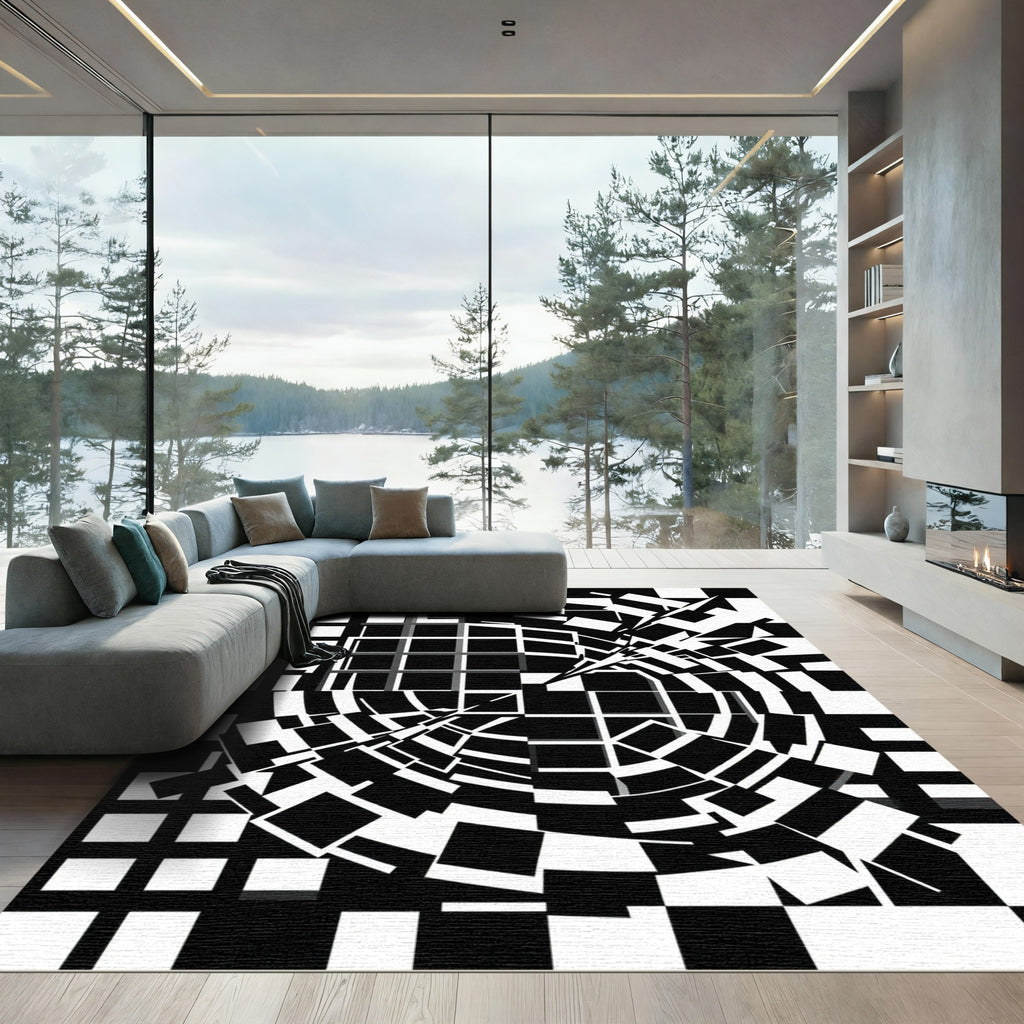 Monochrome Geometric Abstract Vortex Art Rug