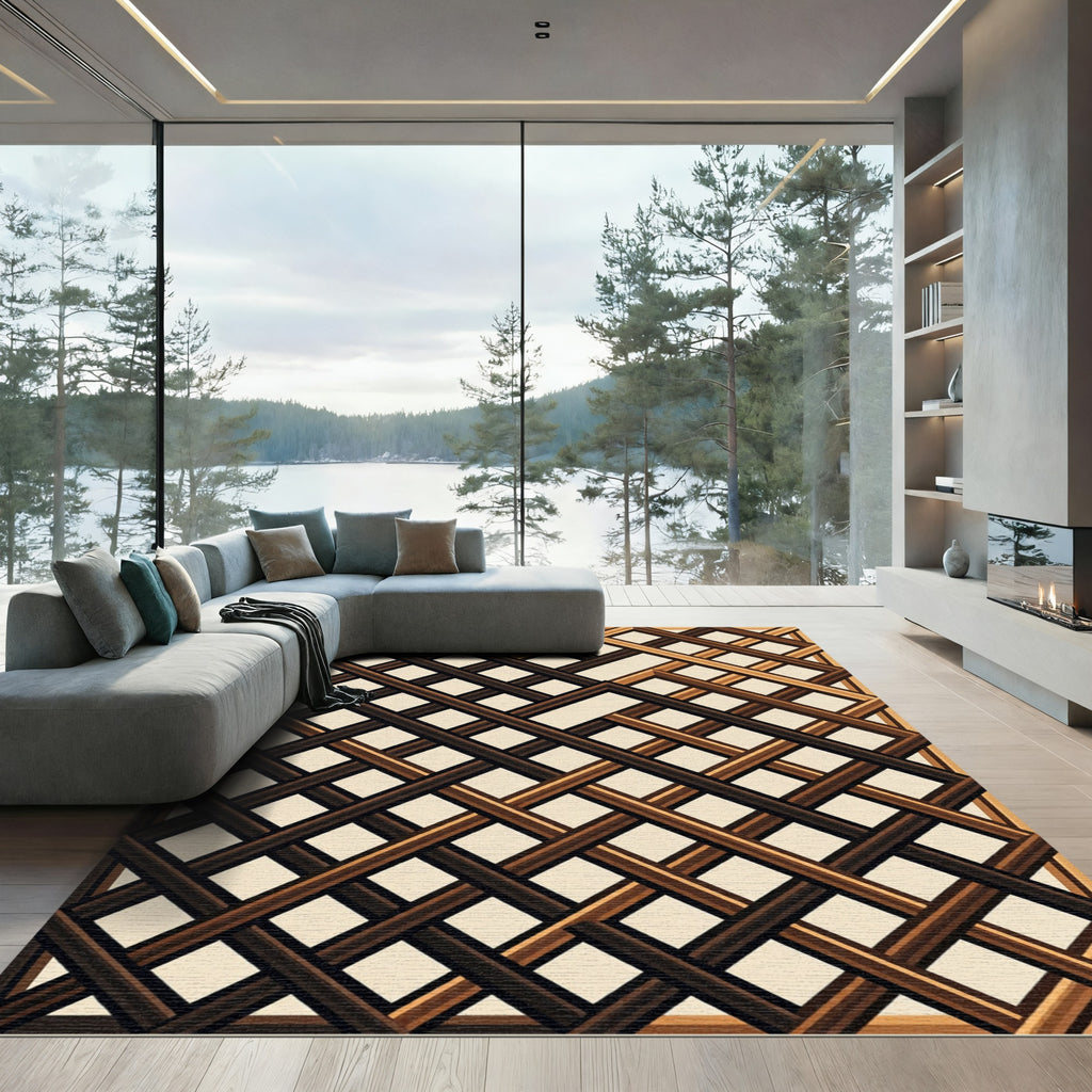 Modern Walnut Brown Geometric Lattice Rug