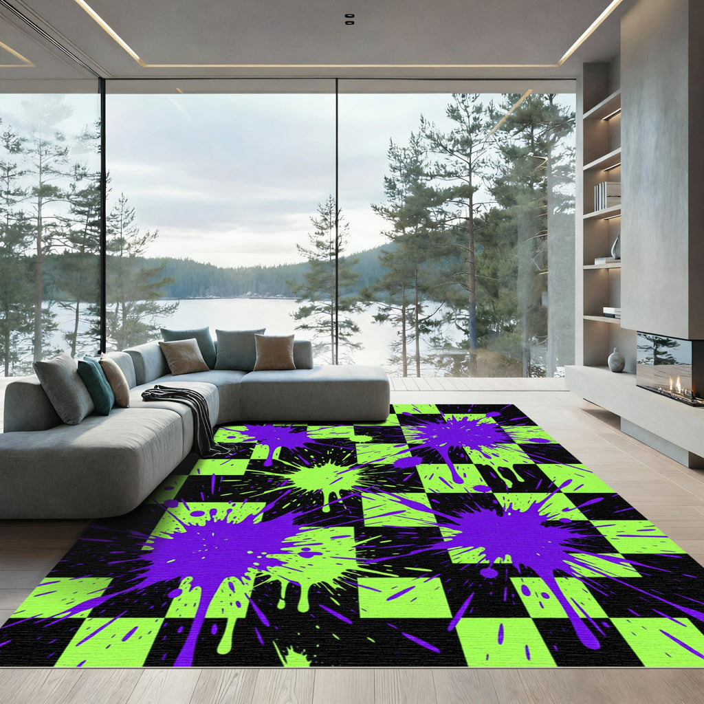 Electric Lime Black Checkered Splatter Rug