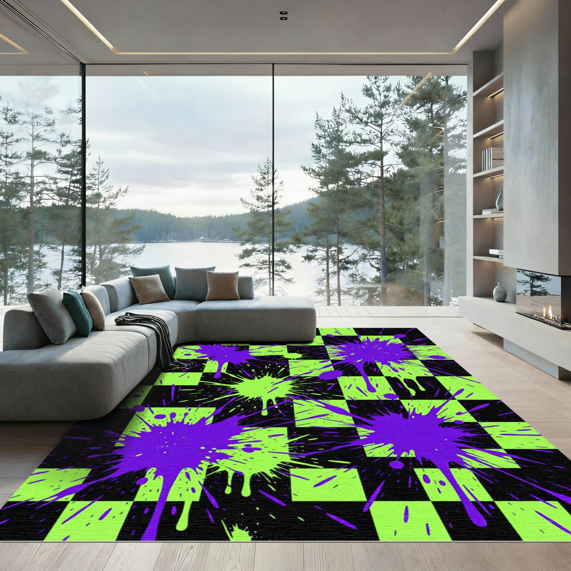 Electric Lime Black Checkered Splatter Rug