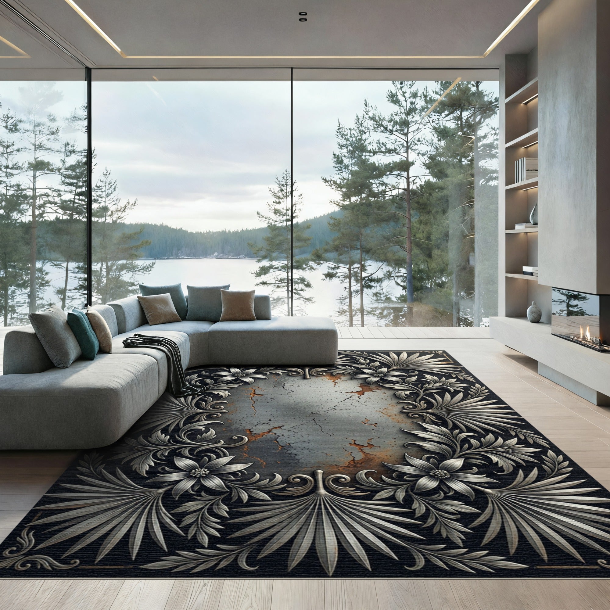 Silver Metallic Botanical Filigree Embellishment Rug