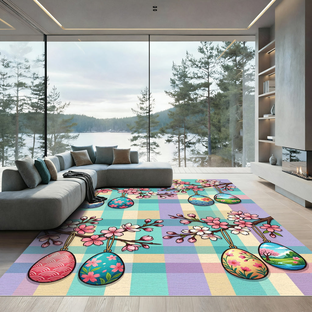 Pastel Plaid Cherry Blossom Easter Egg Rug