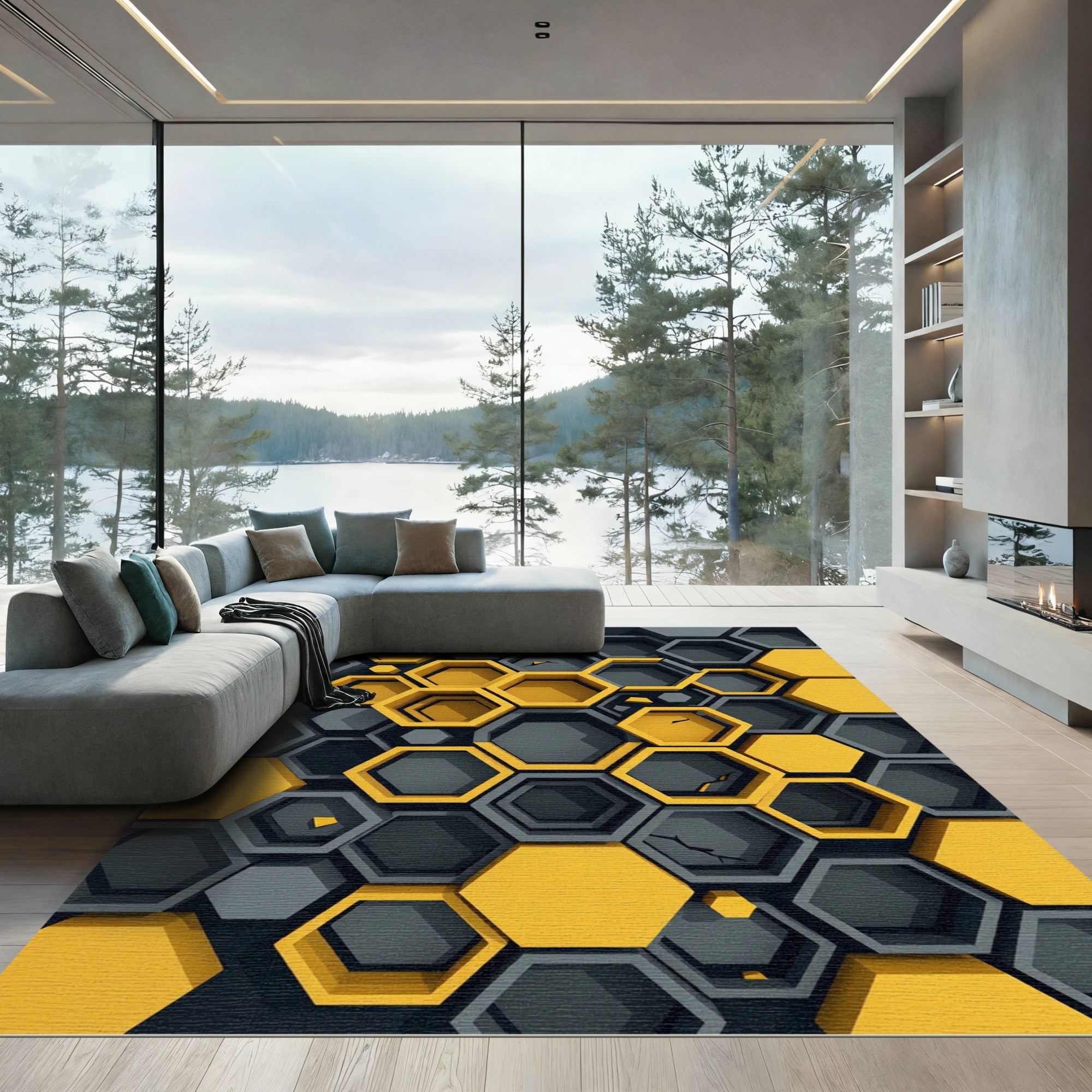 Yellow Gray Geometric Honeycomb Rug