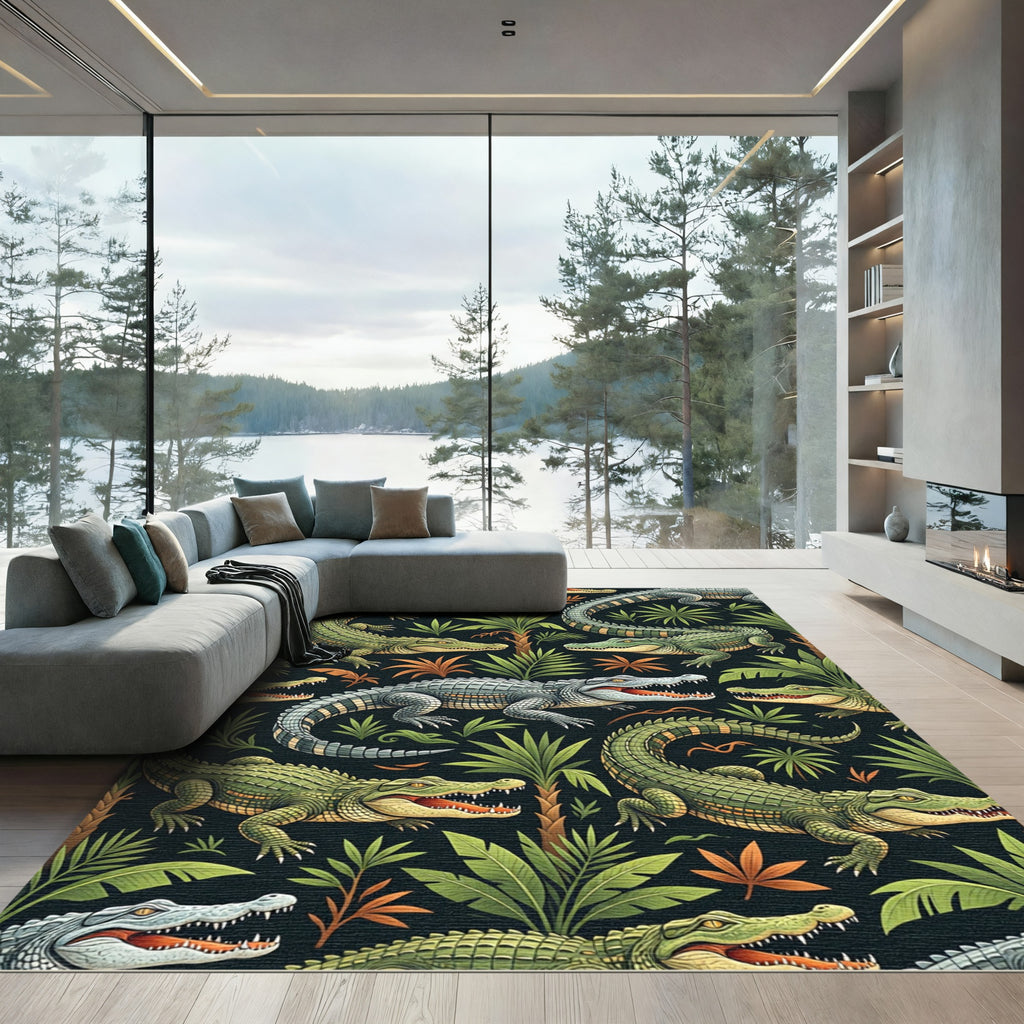 Vibrant Green Tropical Crocodile Jungle Rug