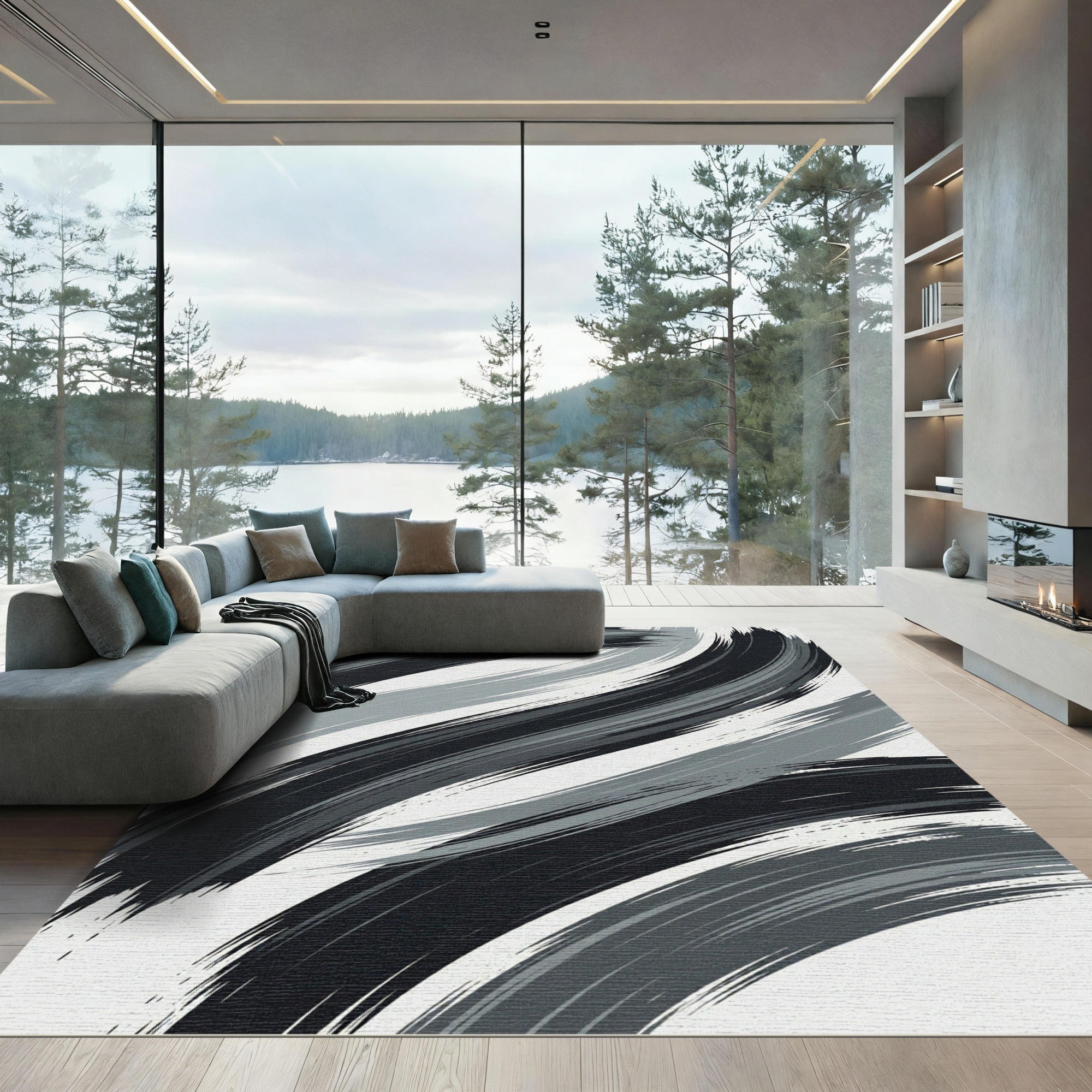 Monochromatic Brush Stroke Abstract Rug