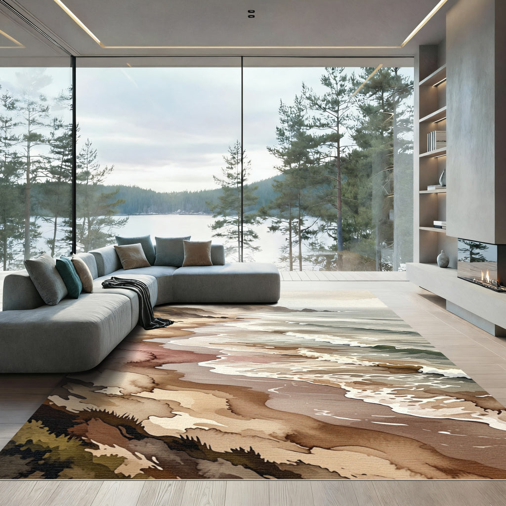 Misty Coastal Shoreline Watercolor Landscape Rug