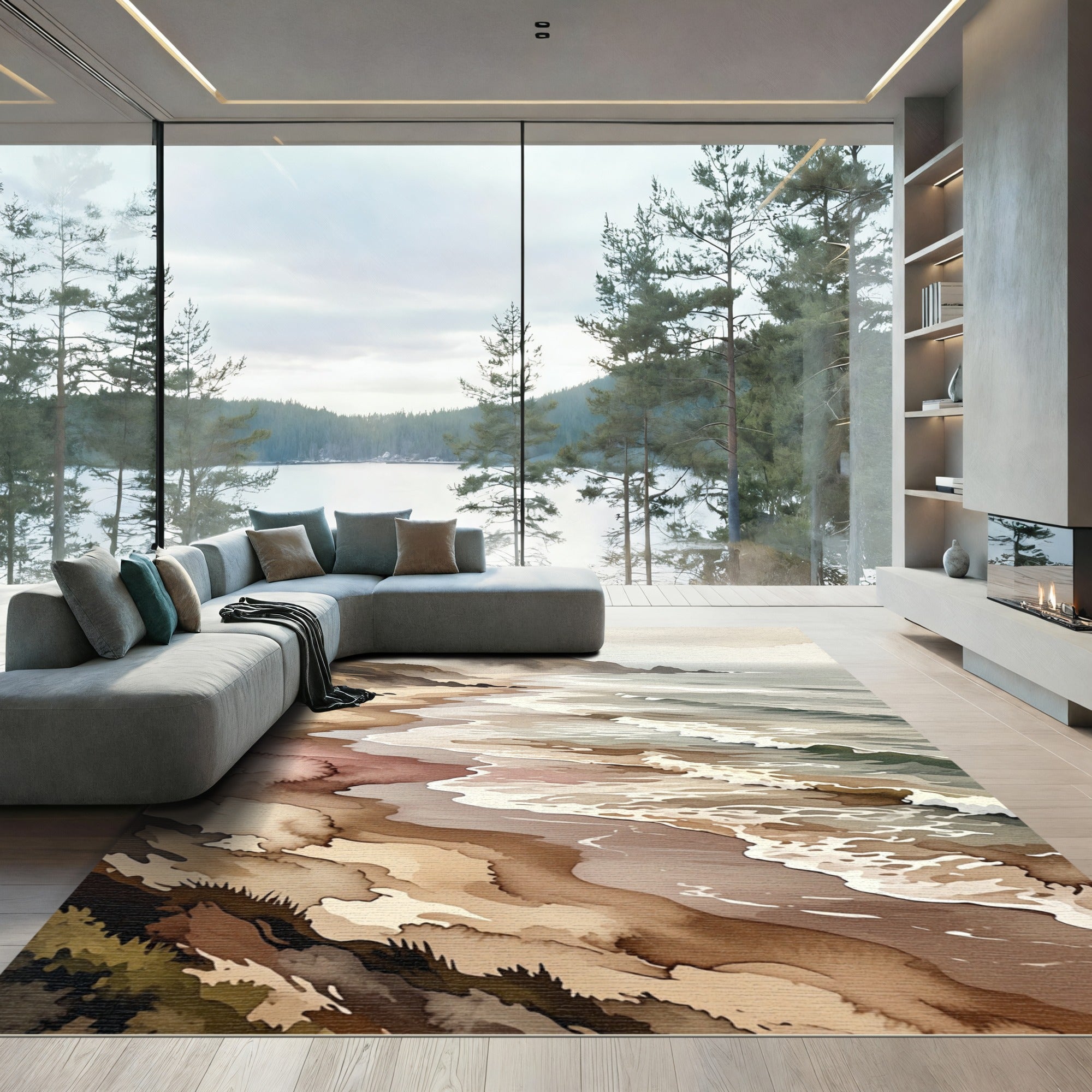 Misty Coastal Shoreline Watercolor Landscape Rug