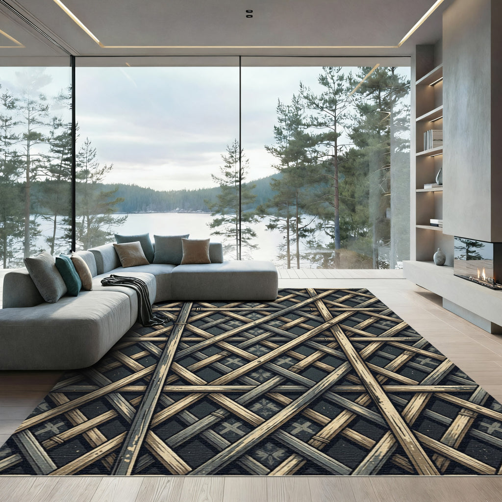 Woven Wood Lattice Over Dark Grid Rug