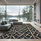 Woven Wood Lattice Over Dark Grid Rug