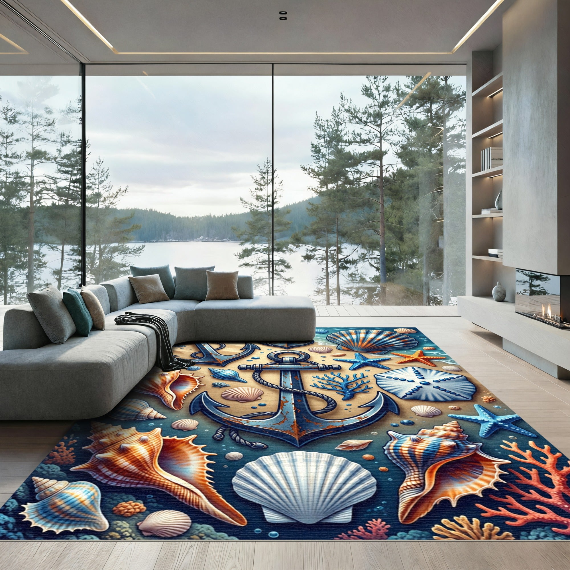 Nautical Anchor Seashell Beach Scape Rug