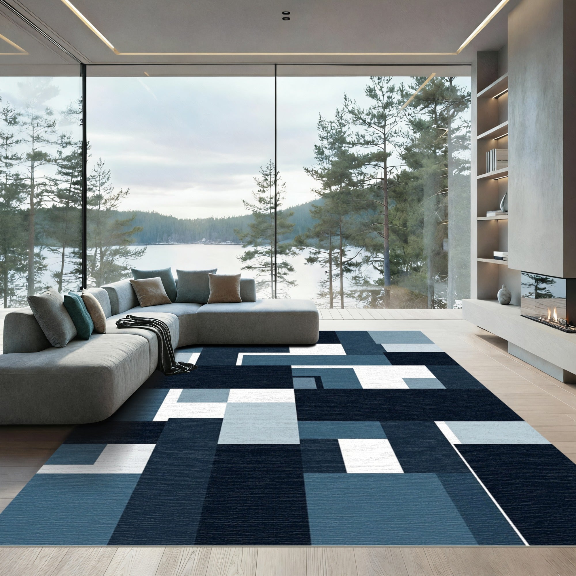 Modern Navy Blue Geometric Block Composition Rug
