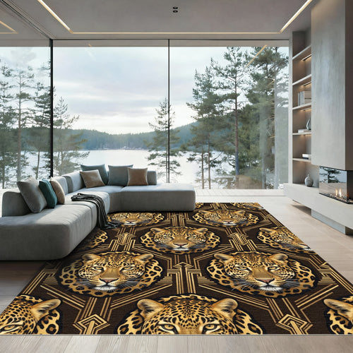 Art Deco Leopard Head Geometric Gold Rug