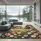 Charming Pink Floral Meadow Cottage Scene Rug