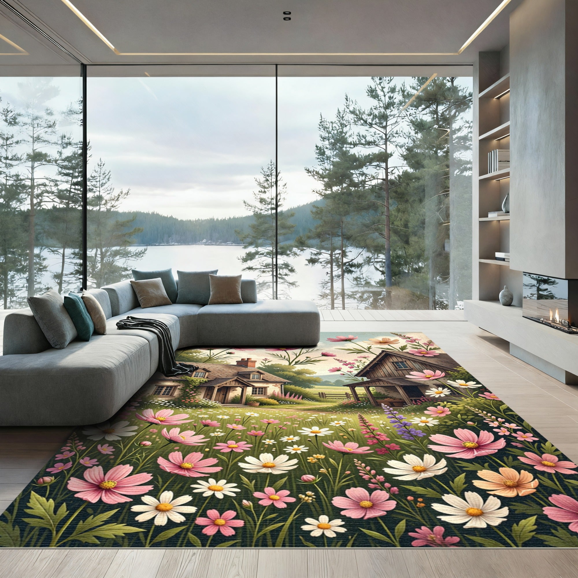 Charming Pink Floral Meadow Cottage Scene Rug