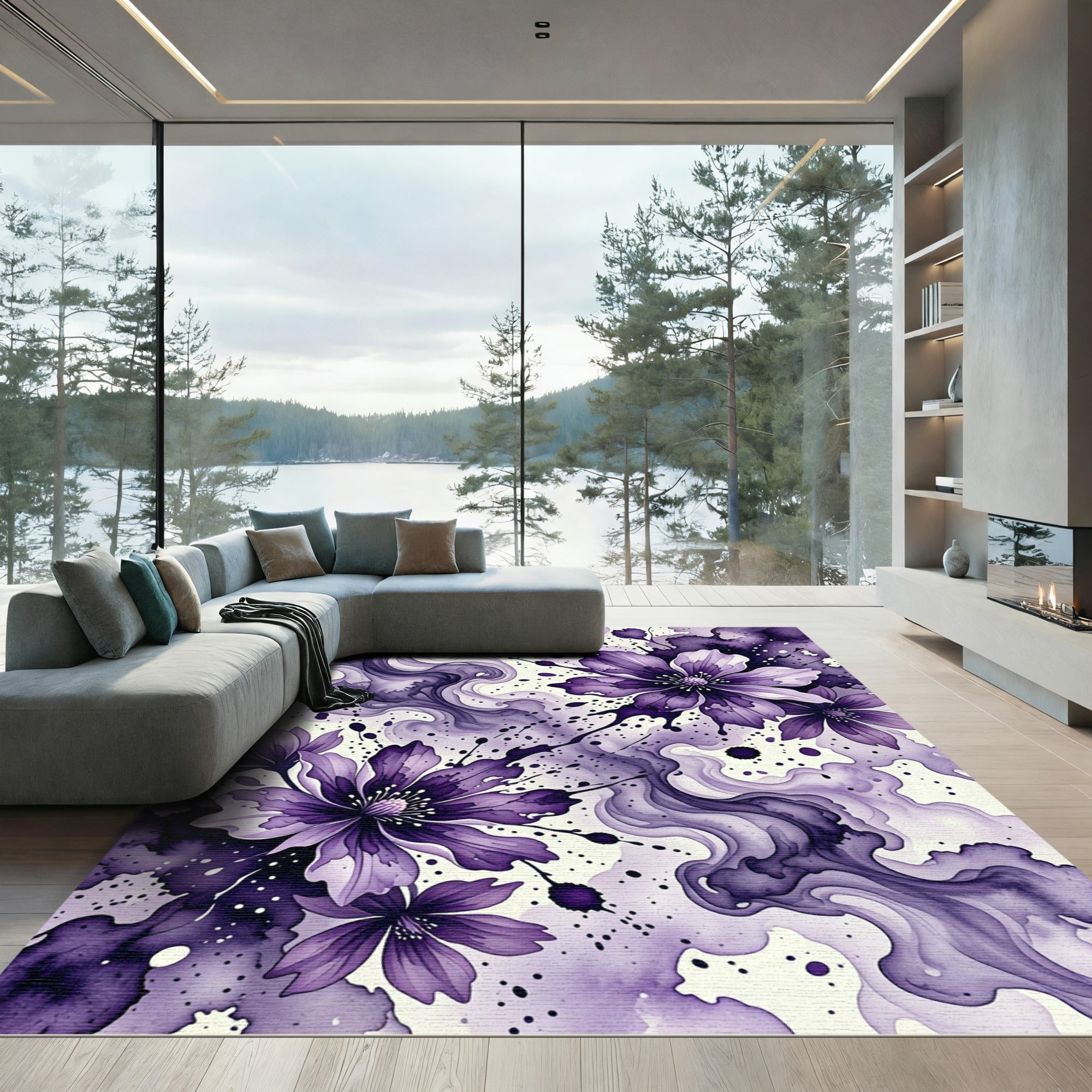 Watercolor Purple Floral Abstract Swirl Rug