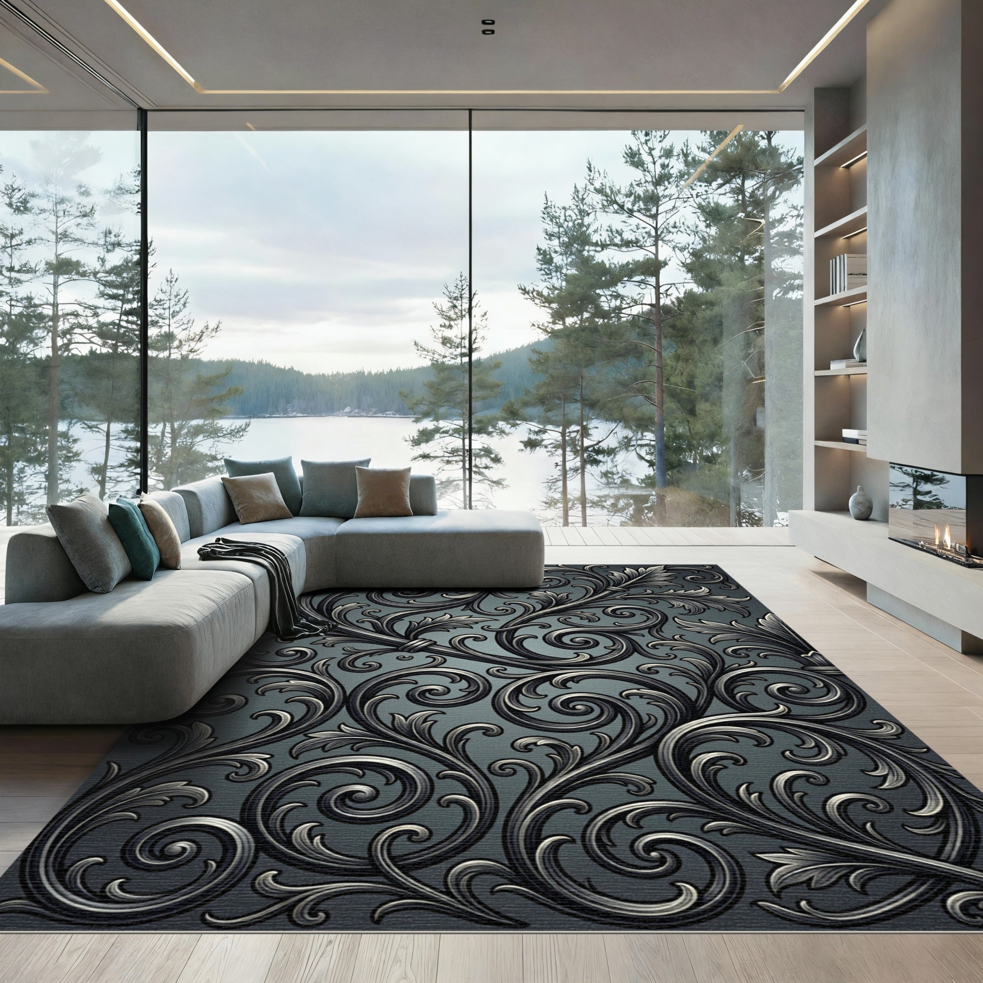 Ornate Dark Gray Acanthus Scroll Rug