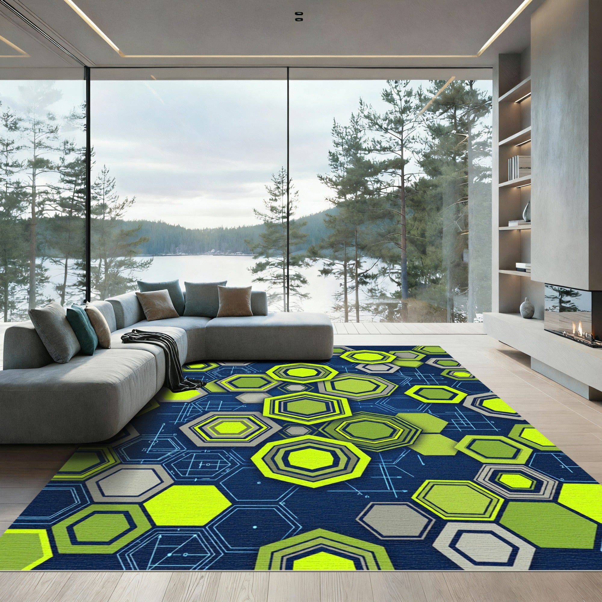 Modern Neon Geometric Hexagon Abstract Rug