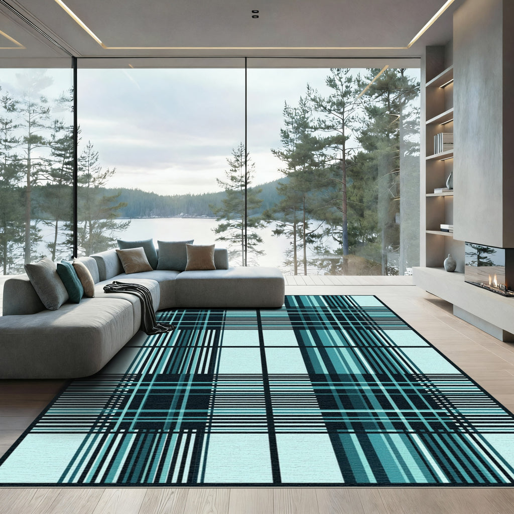Aqua Teal Plaid Grid Lines Rug