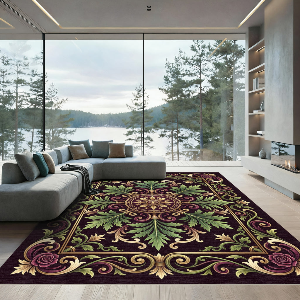 Gilded Plum Rose Scrollwork Floral Rug