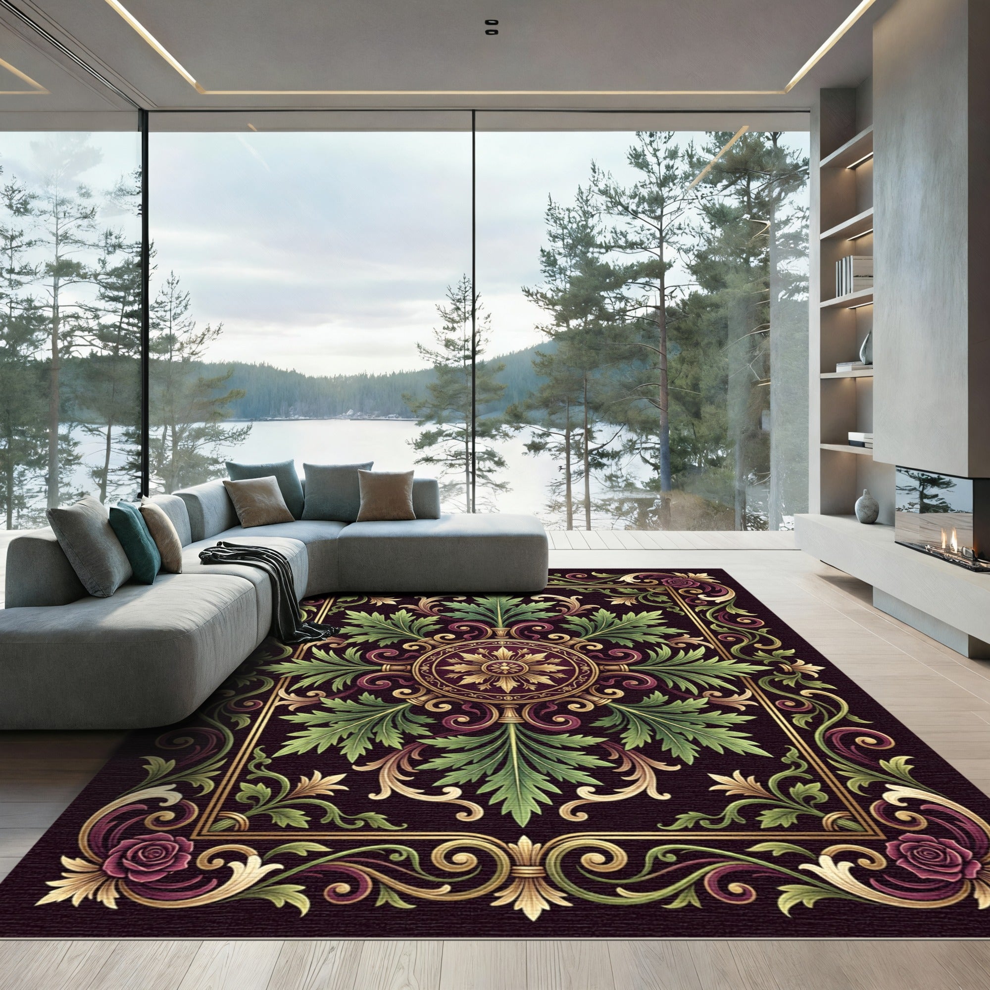 Gilded Plum Rose Scrollwork Floral Rug