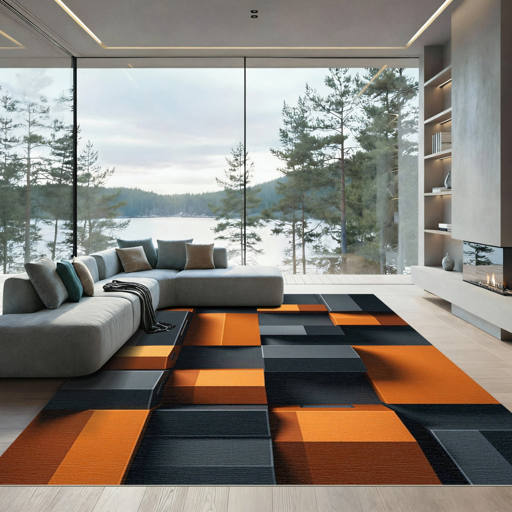 Modern Orange Gray Geometric Interlocking Blocks Rug
