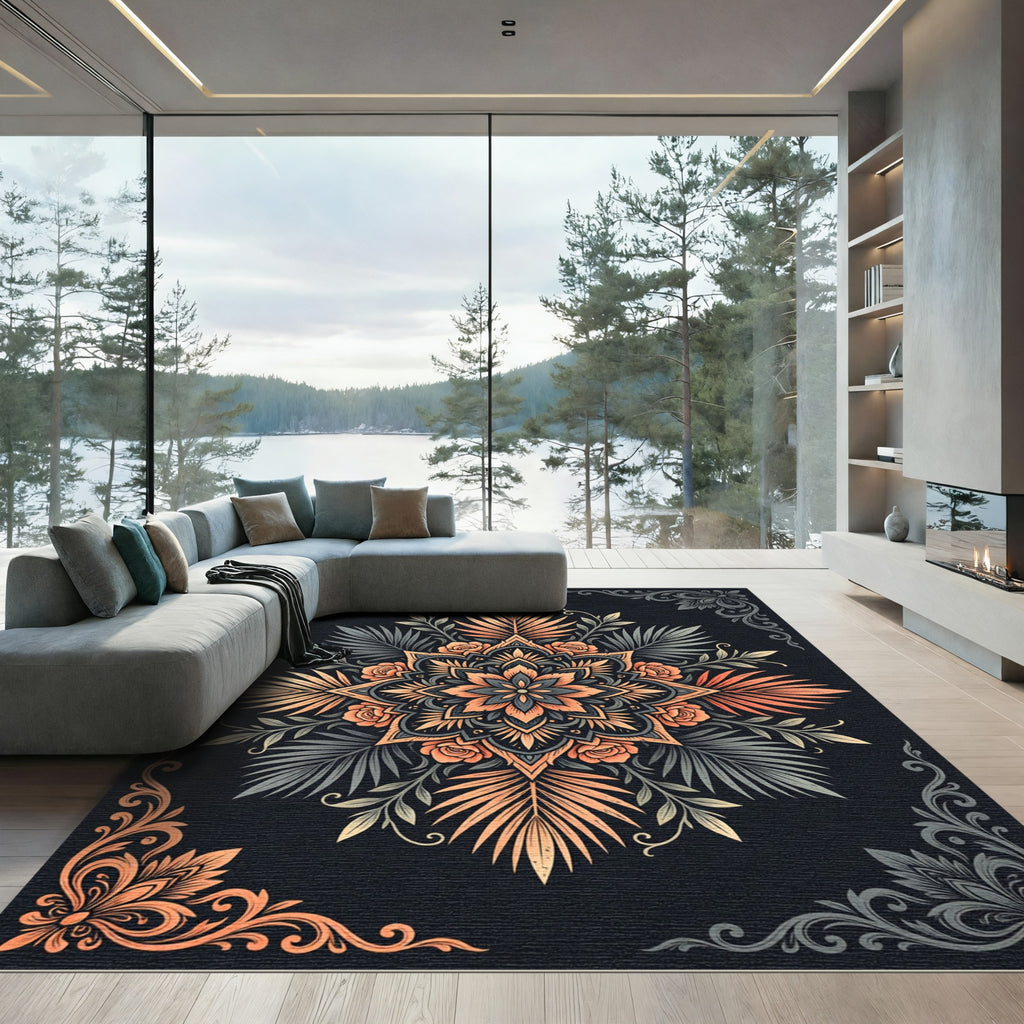 Coral Orange Floral Mandalas with Foliage Rug