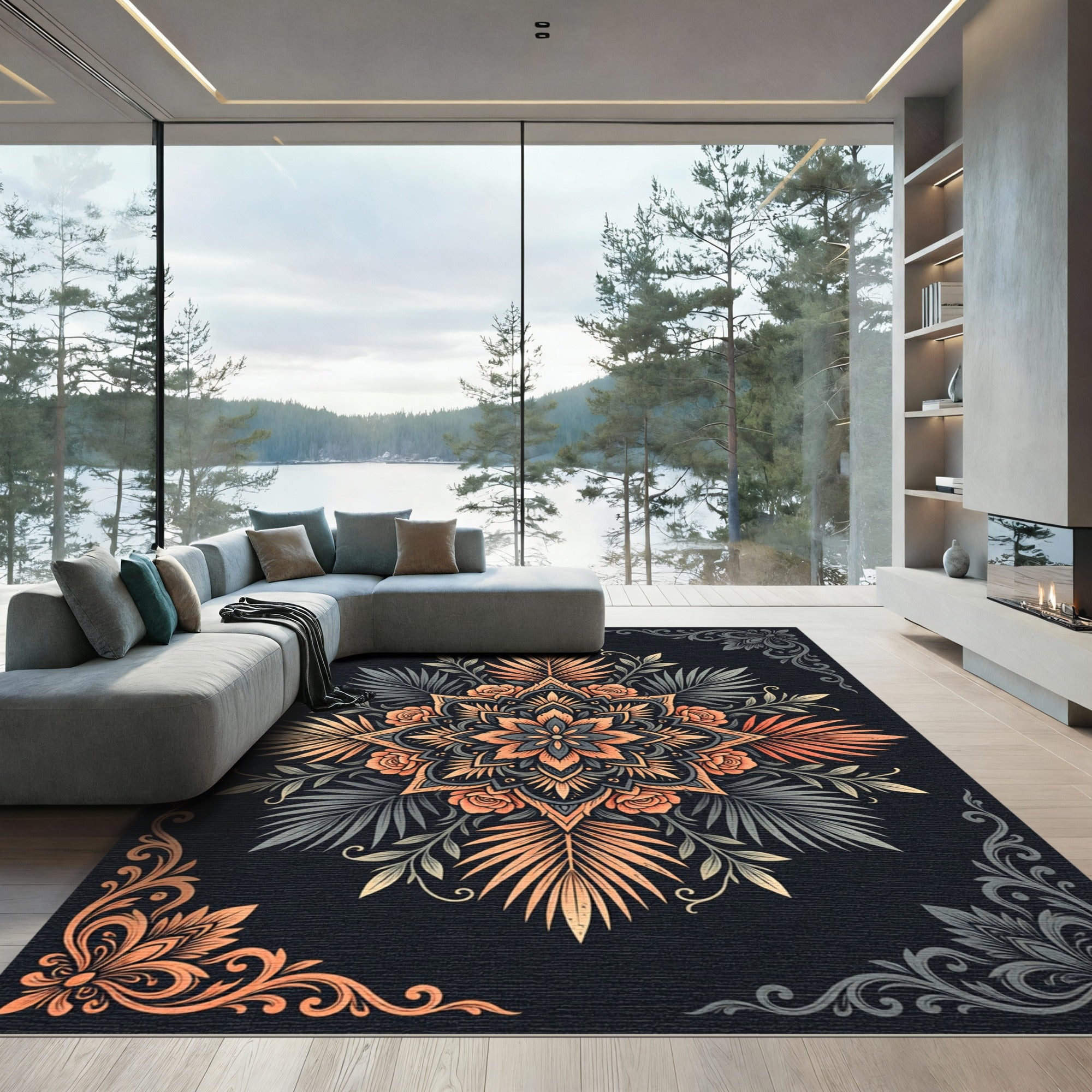 Coral Orange Floral Mandalas with Foliage Rug