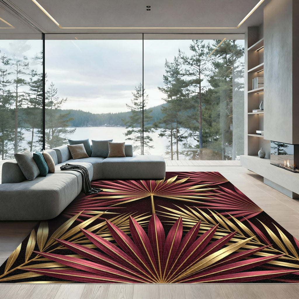 Luxurious Gold and Burgundy Tropical Palm Rug