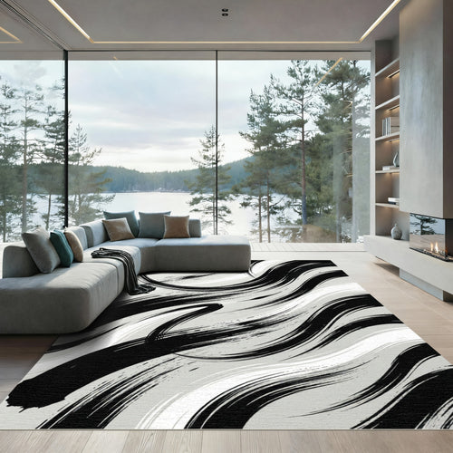 Black Brushstroke Swirls on Gray Rug
