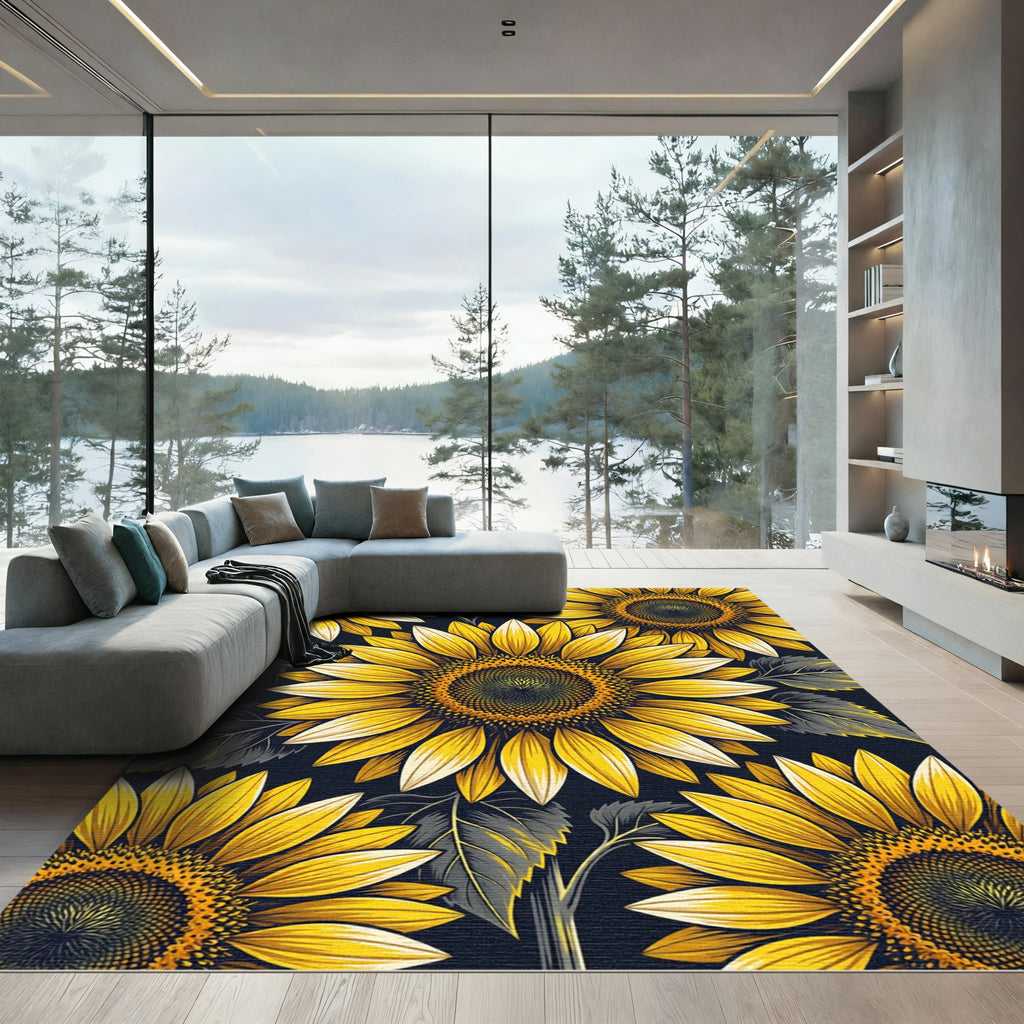 Vibrant Yellow Sunflower Botanical Dark Garden Rug