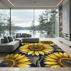 Vibrant Yellow Sunflower Botanical Dark Garden Rug