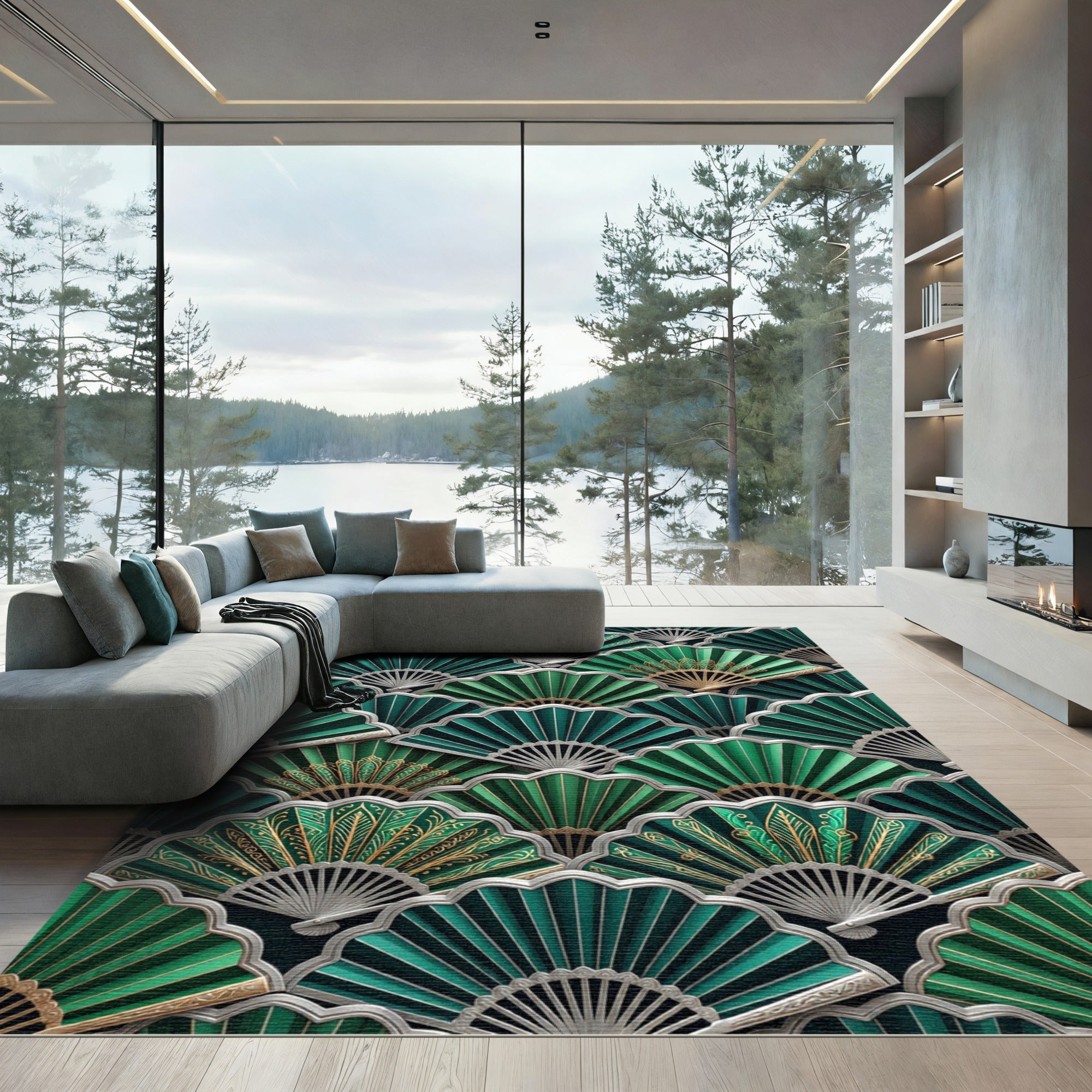 Emerald Green Gilded Fan Repeat Rug