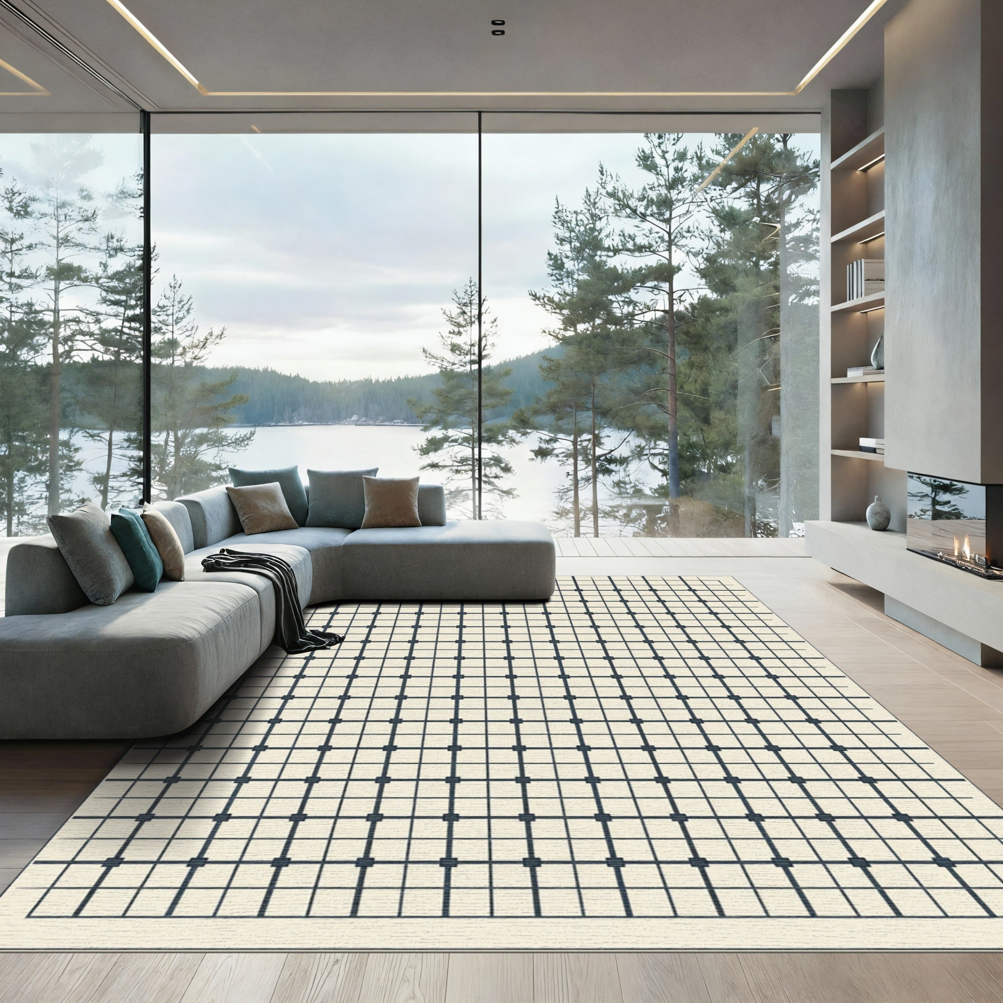 Gray Grid Geometric Square Composition Rug