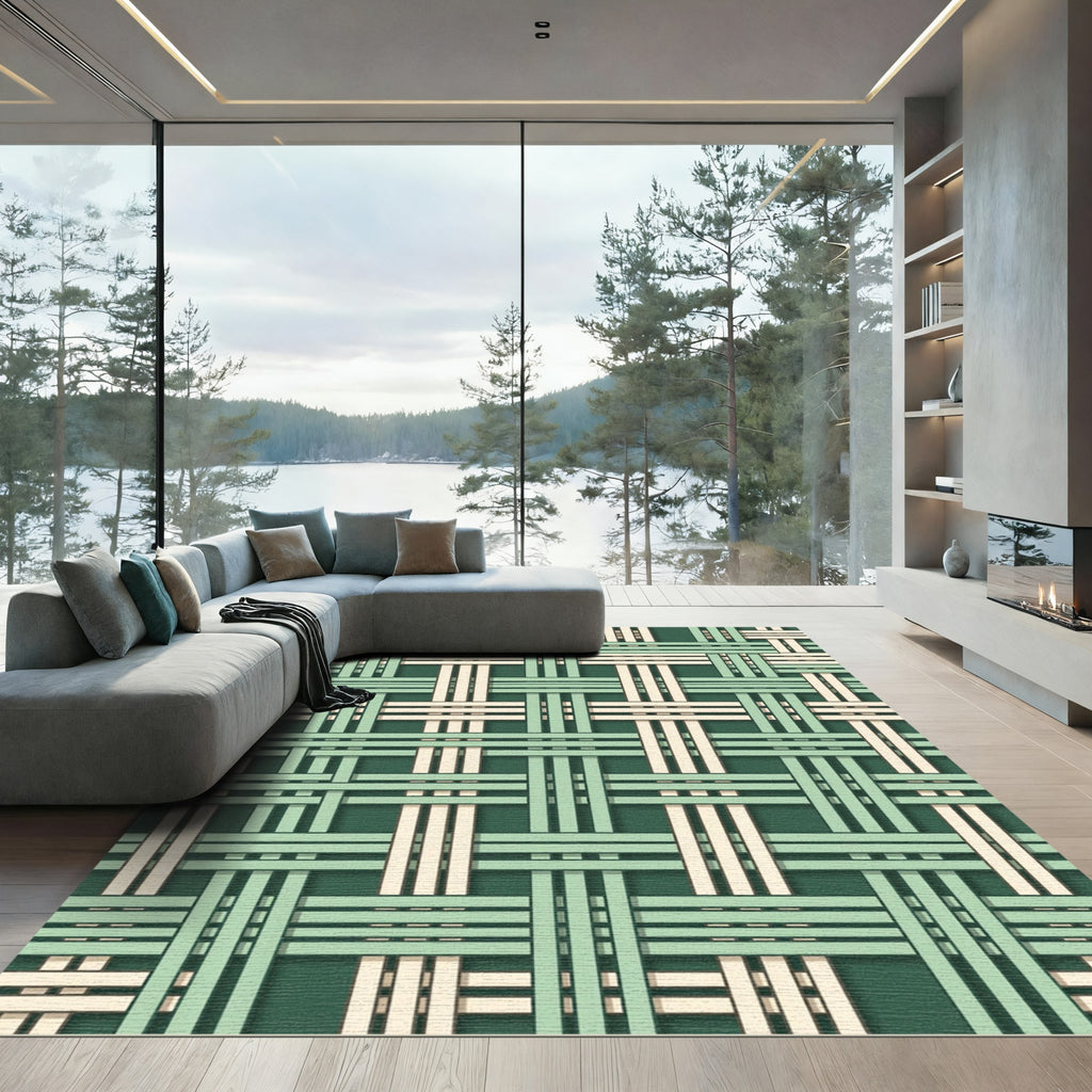 Sage Green and Cream Woven Grid Rug