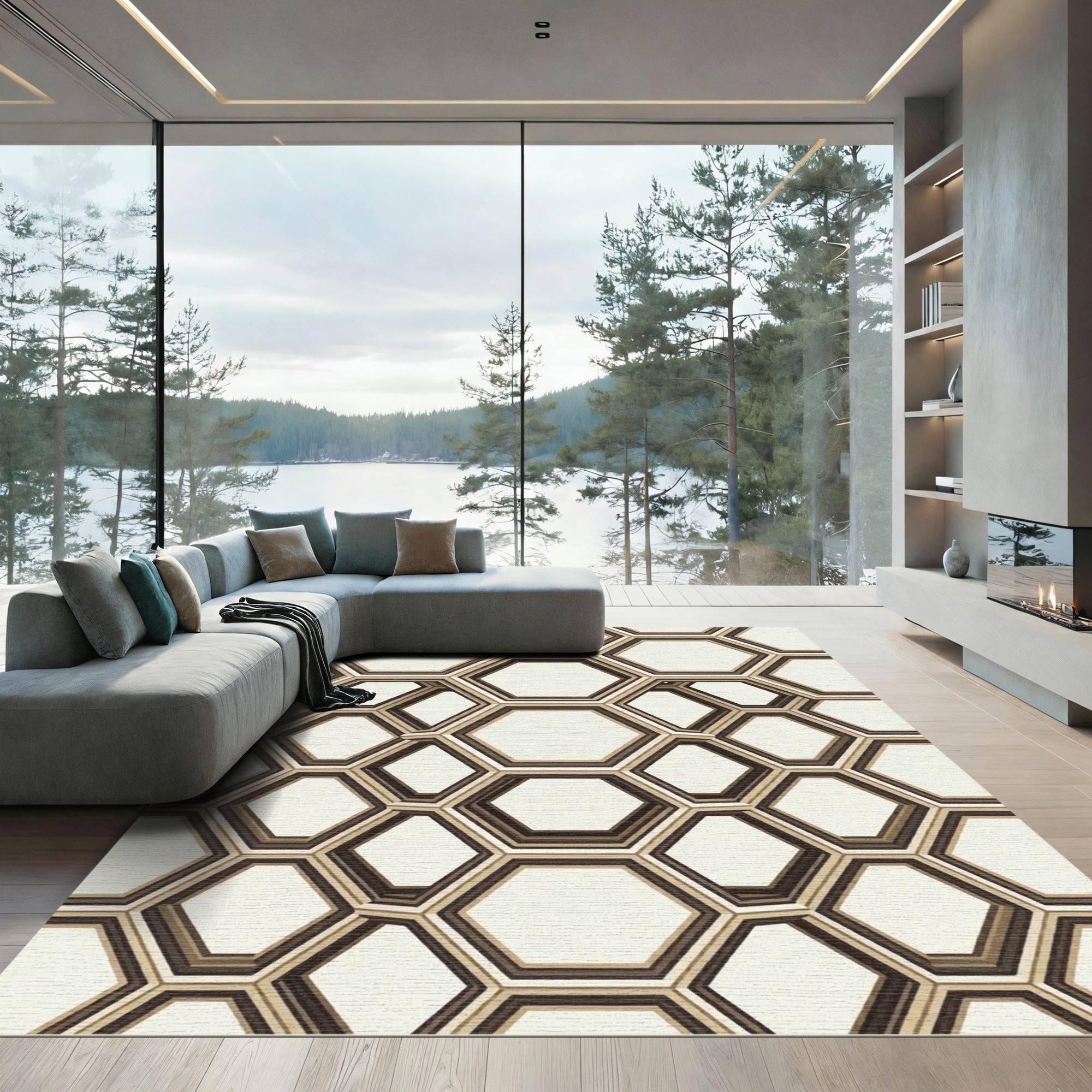 Sophisticated Neutral Geometric Hexagon Art Rug