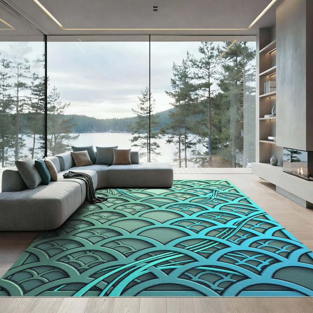 Teal Gradient Scalloped Wave Layers Rug