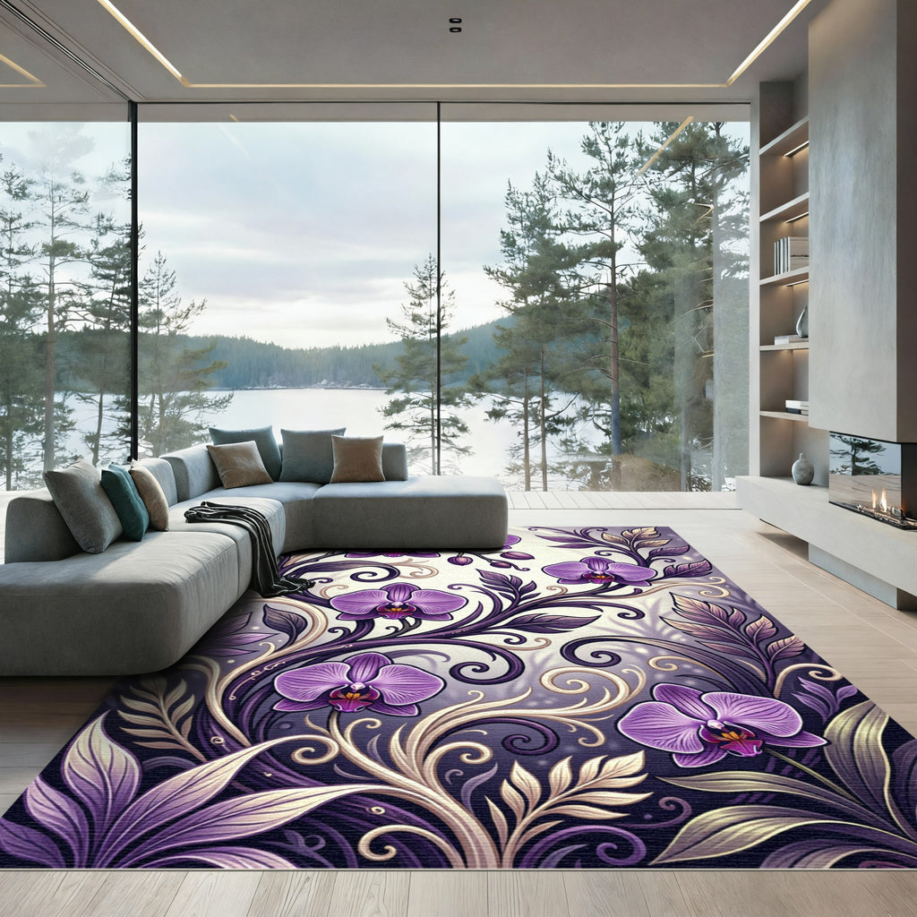 Orchid Floral Scrollwork Purple Lavender Rug