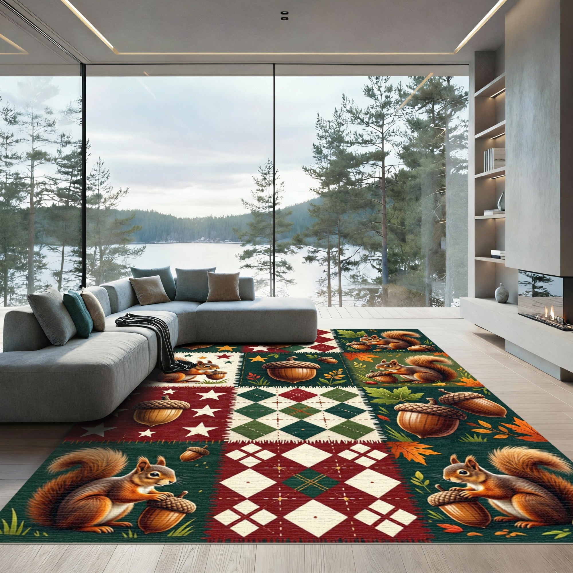Autumn Acorn And Squirrel Patchwork Quilt Rug