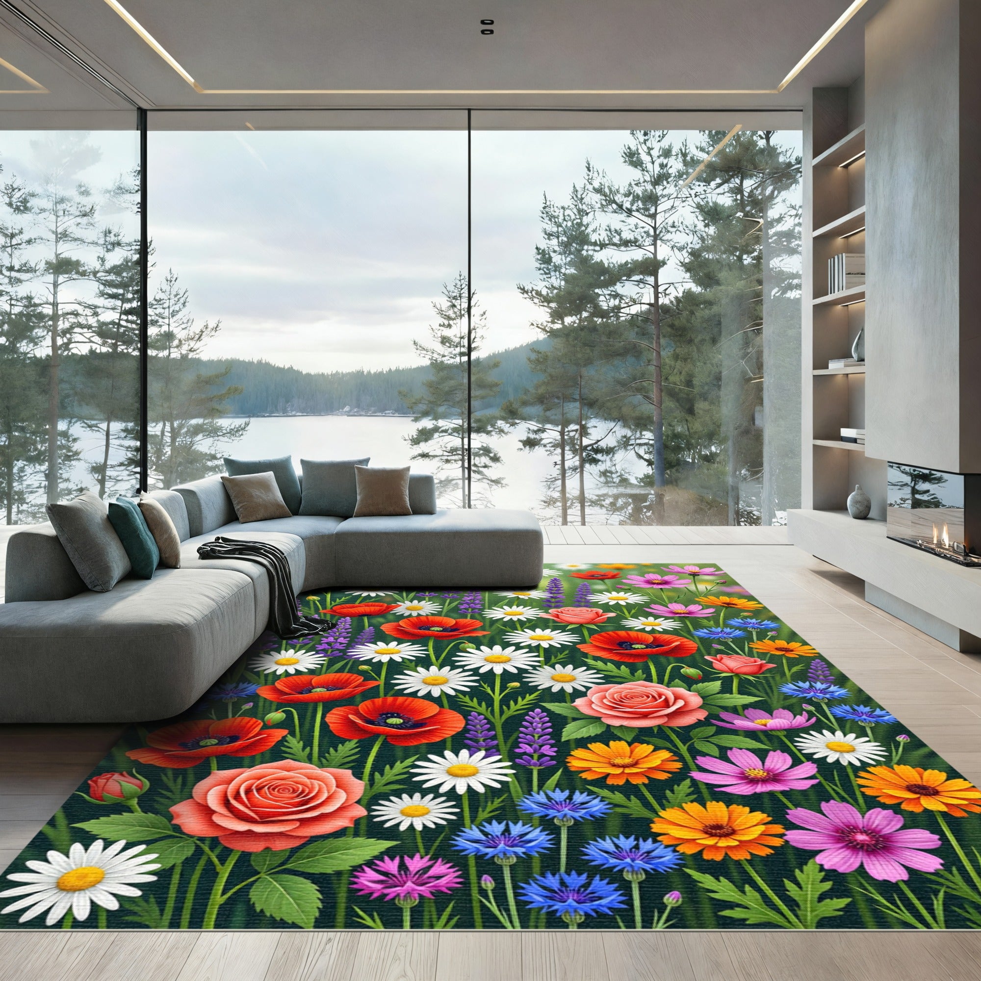 Vibrant Meadow Floral Garden Tapestry Rug