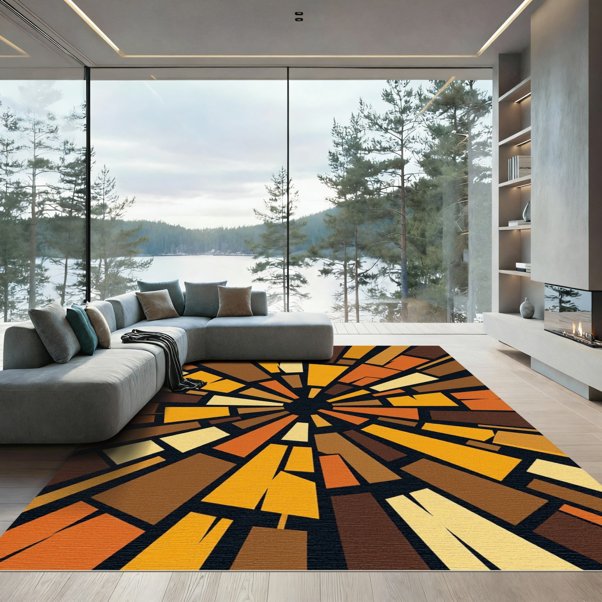 Retro Abstract Sunburst Brown Orange Rug