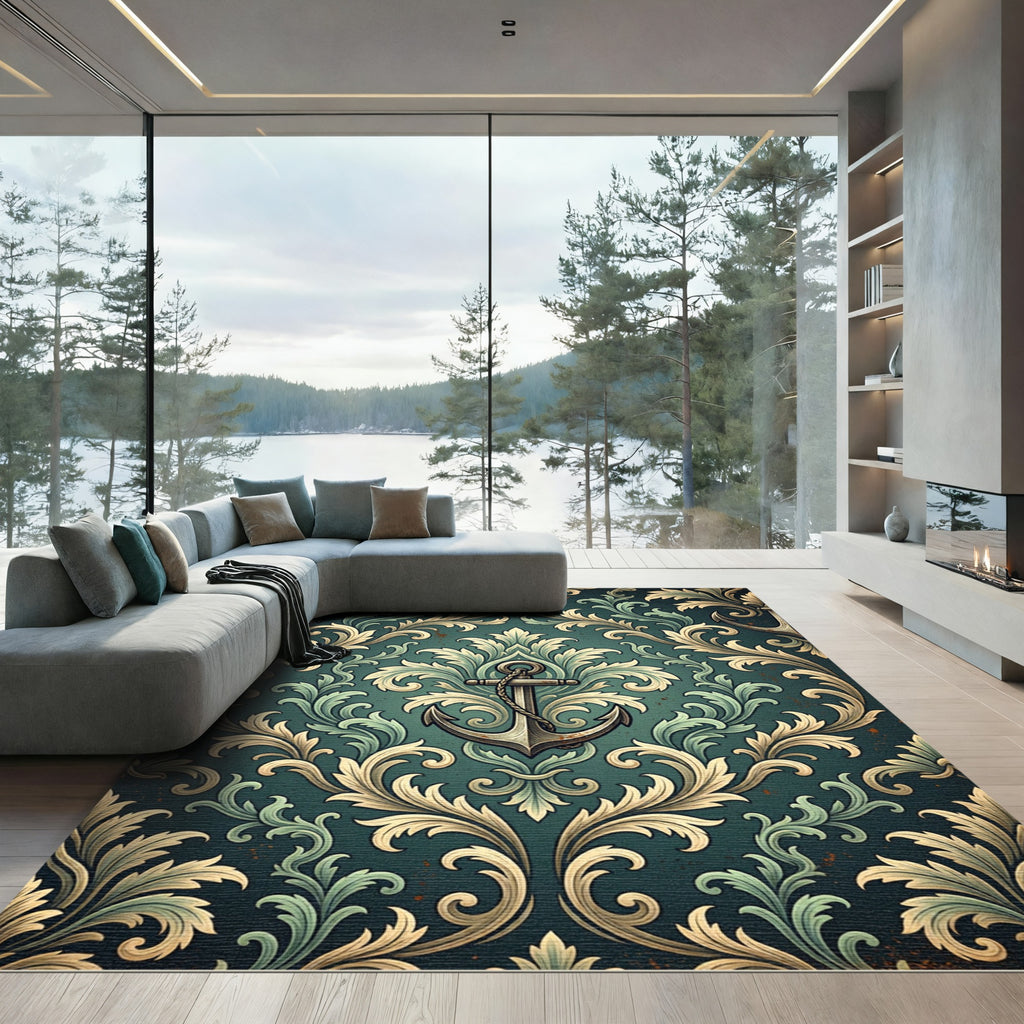 Victorian Teal Anchor Scroll Medallion Rug