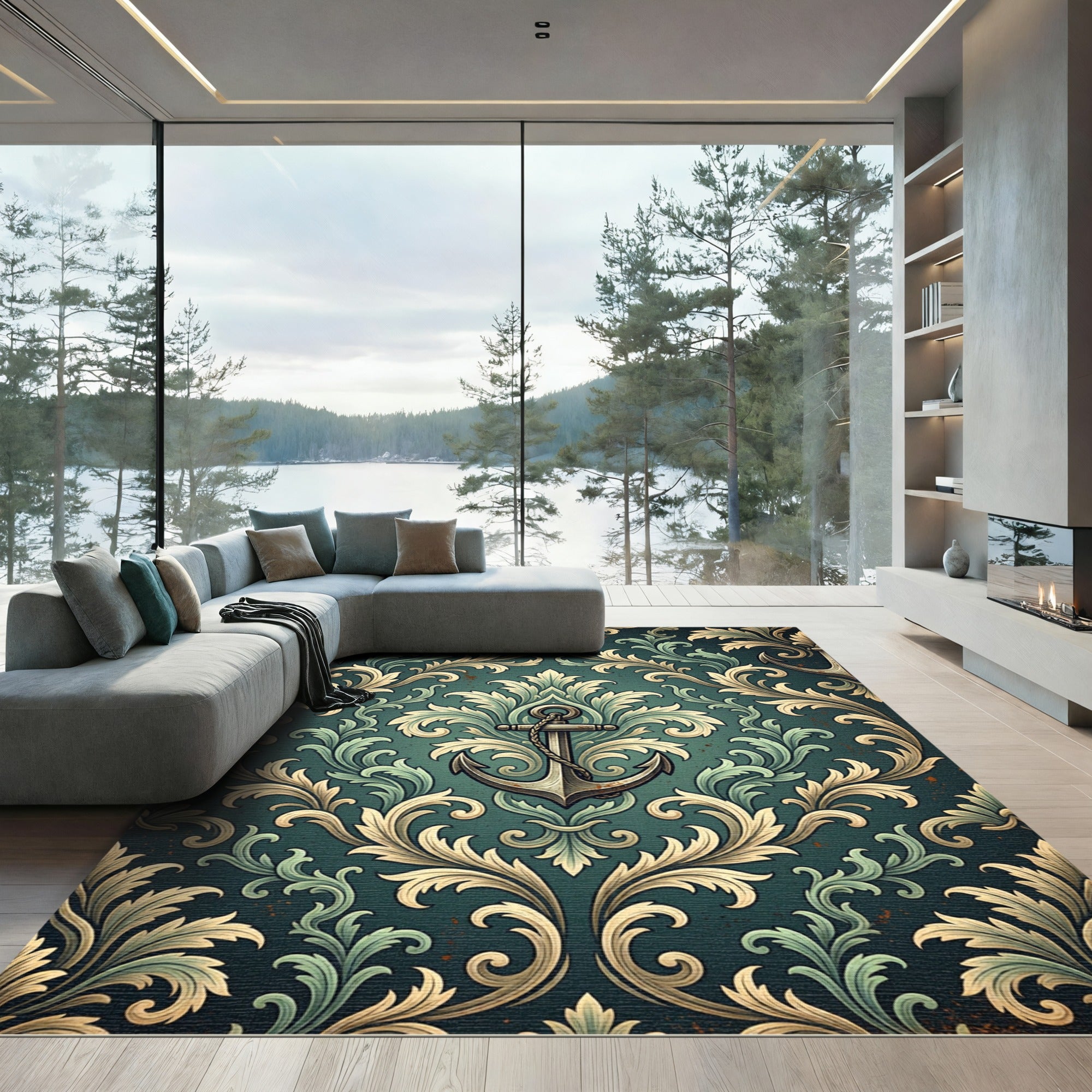 Victorian Teal Anchor Scroll Medallion Rug