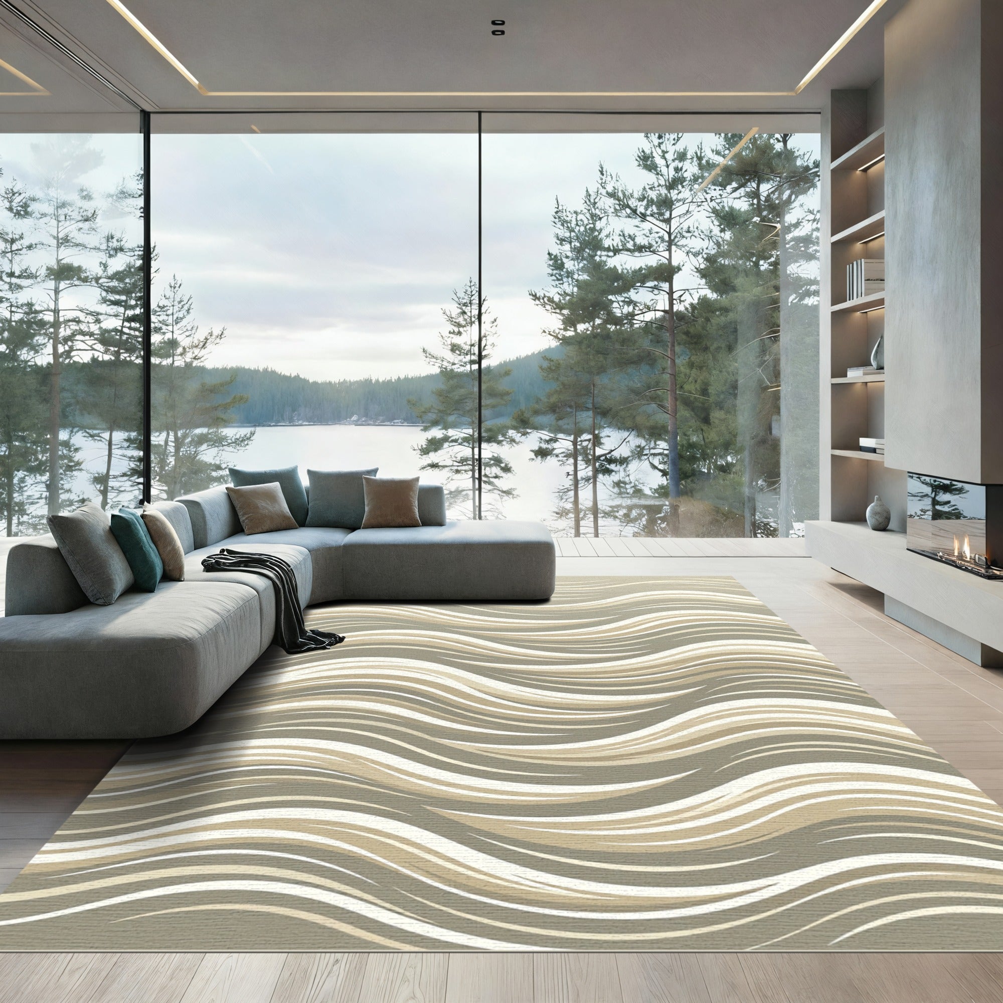 Gradient Beige Abstract Wave Rug