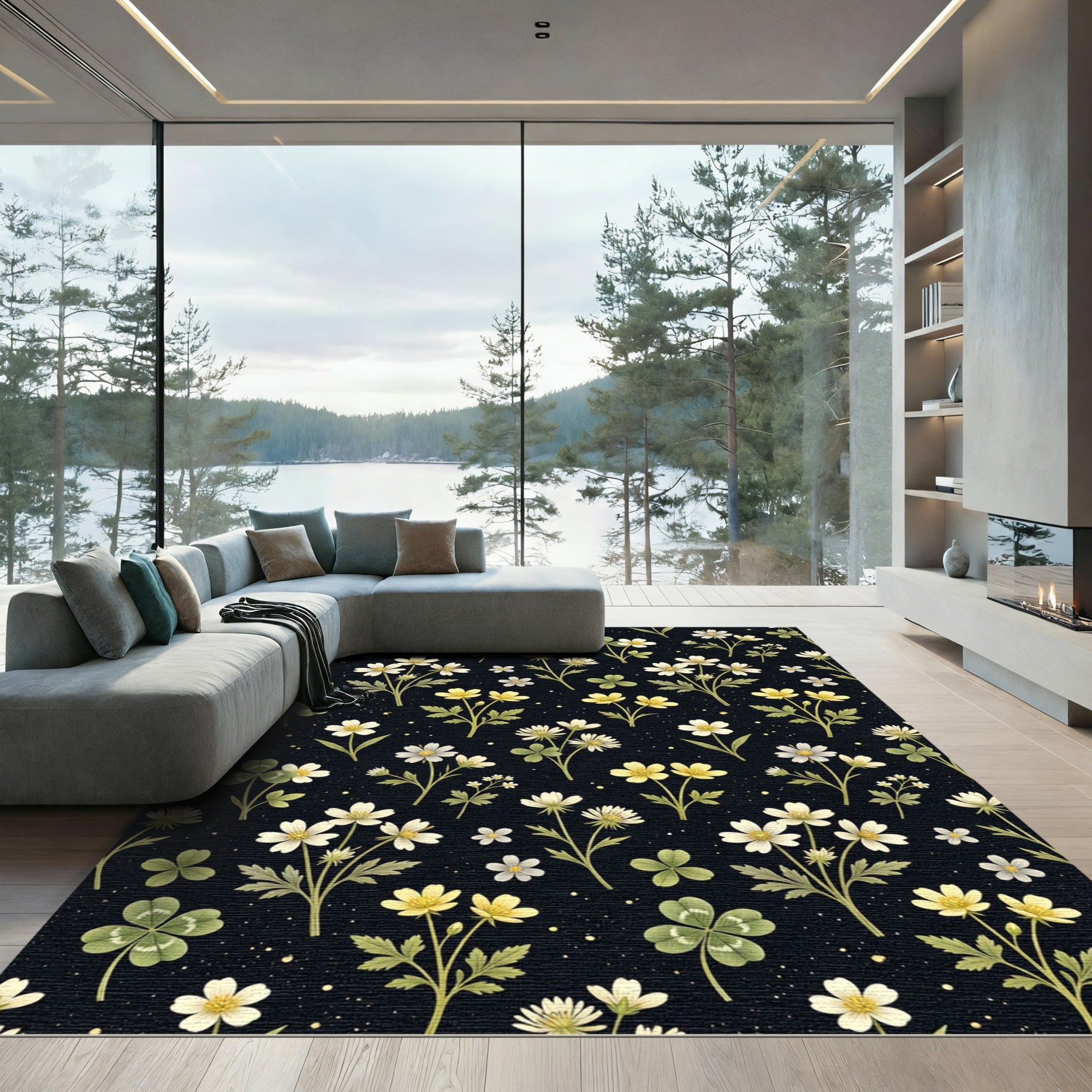 Black Botanical Floral Meadow Rug