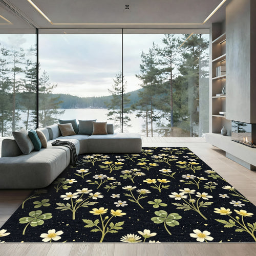 Black Botanical Floral Meadow Rug