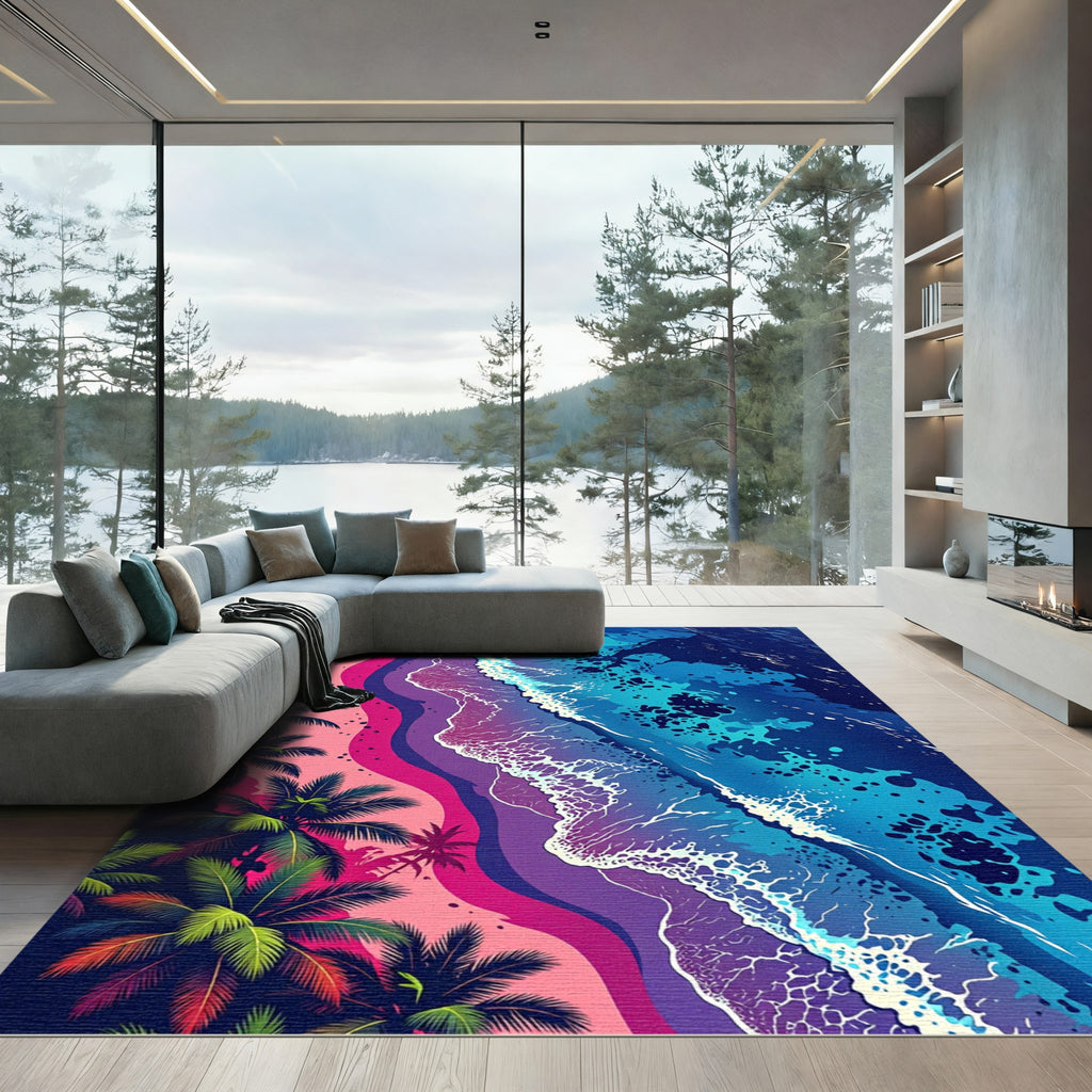 Vibrant Tropical Palm Sunset Ocean Wave Rug