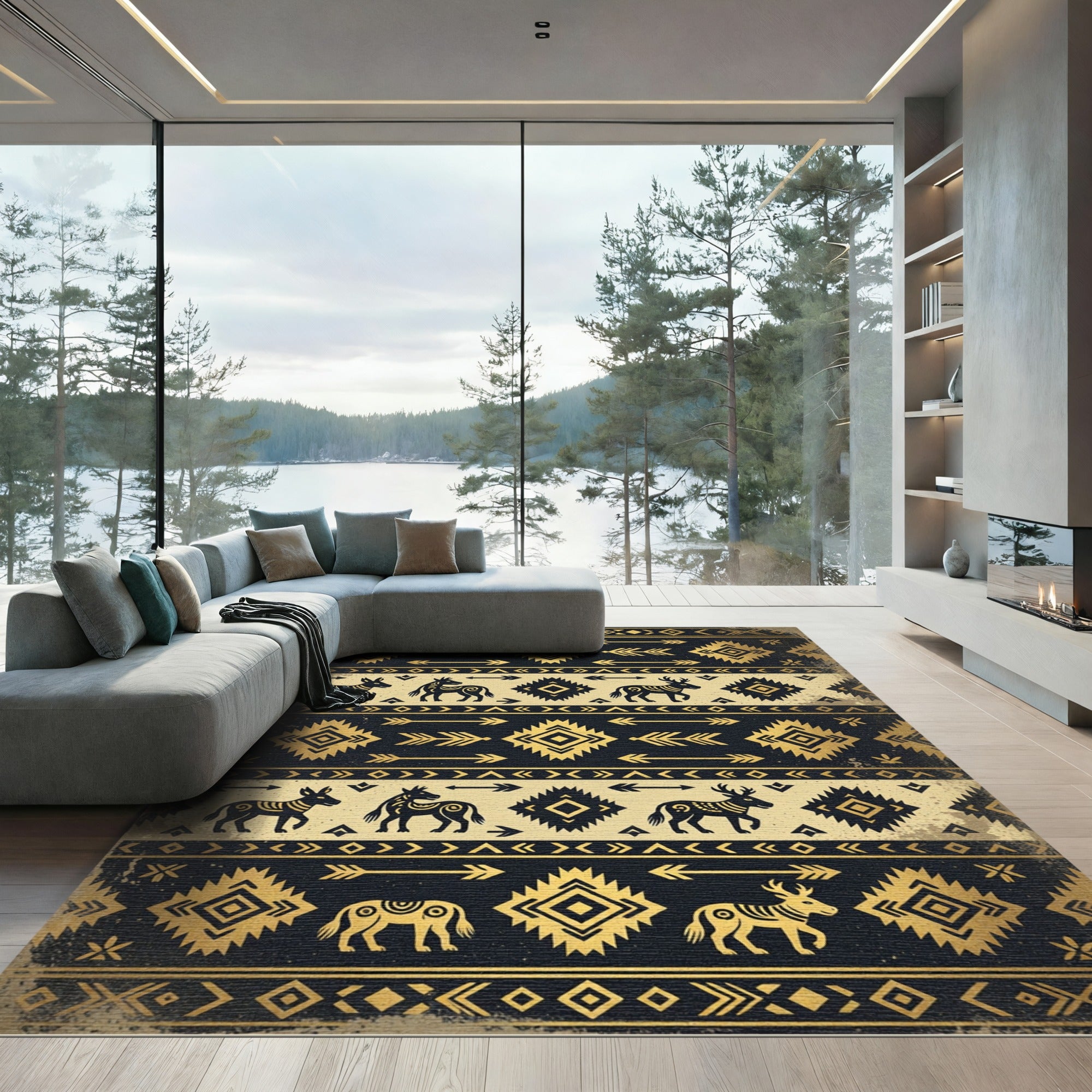 Golden Aztec Animal Geometric Striped Tapestry Rug